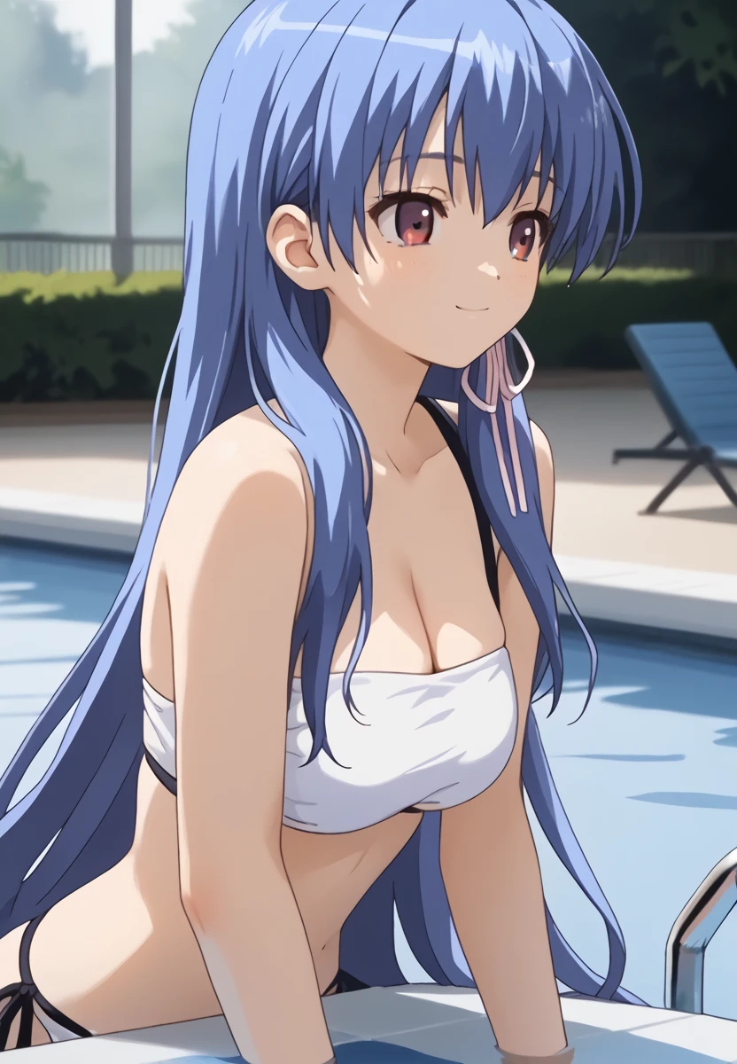 Kuonji Otoha (dark blue), purple eyes, blue hair, very long hair, medium cleavage, ribbon in hair, solo focus, poolside, light blue bandeau bikini, exiting pool action, smiling, soaking wet