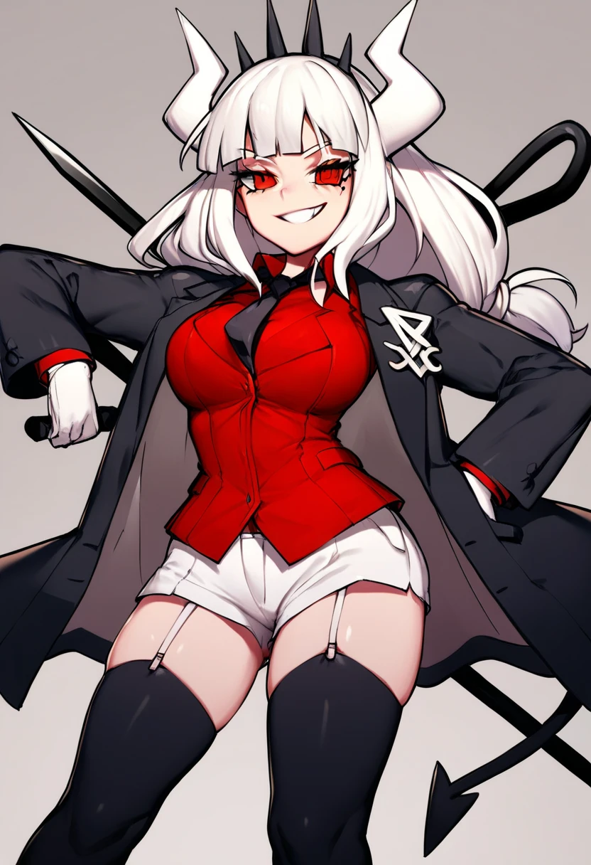  young woman  , tall woman, seria ,  red eyes white hair  (Lucifer Helltaker) controlled by you , mental reprogramming ,  she wears a red dress suit  , Big boobs she's crouched in front of you with her tits leaning against you ,  she affectionately wants to please her master  , ( mental domination)