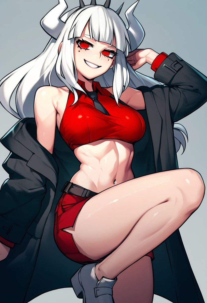  young woman  , tall woman, seria ,  red eyes white hair  (Lucifer Helltaker) controlled by you , mental reprogramming ,  she wears a red dress suit  , Big boobs she's crouched in front of you with her tits leaning against you ,  she affectionately wants to please her master  , ( mental domination)