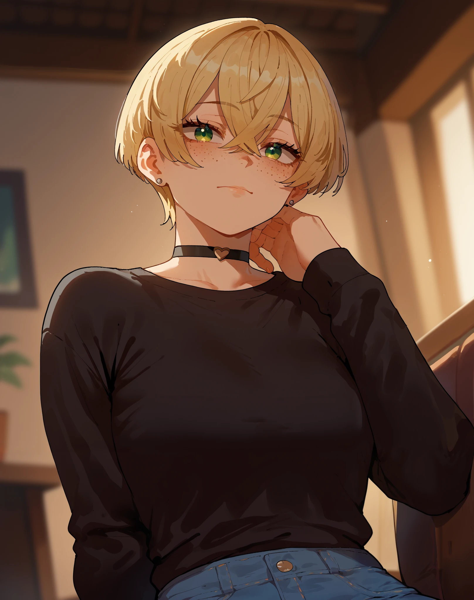 score_9, score_8_up, score_7_up, score_6_up, score_5_up, score_4_up, source_anime, rating_safe, nyantcha style, three quarter view, 1girl, teenager, green eyes, blonde hair, crossed bangs, short hair, pixie cut, freckles, big breasts, thick thighs, eyelashes, aegyo sal, hand on neck, stud earrings, black shirt, long sleeves, choker, denim pants, looking at viewer, stoic, indoors, blurry background, warm lighting, sitting, upper body, dutch angle
