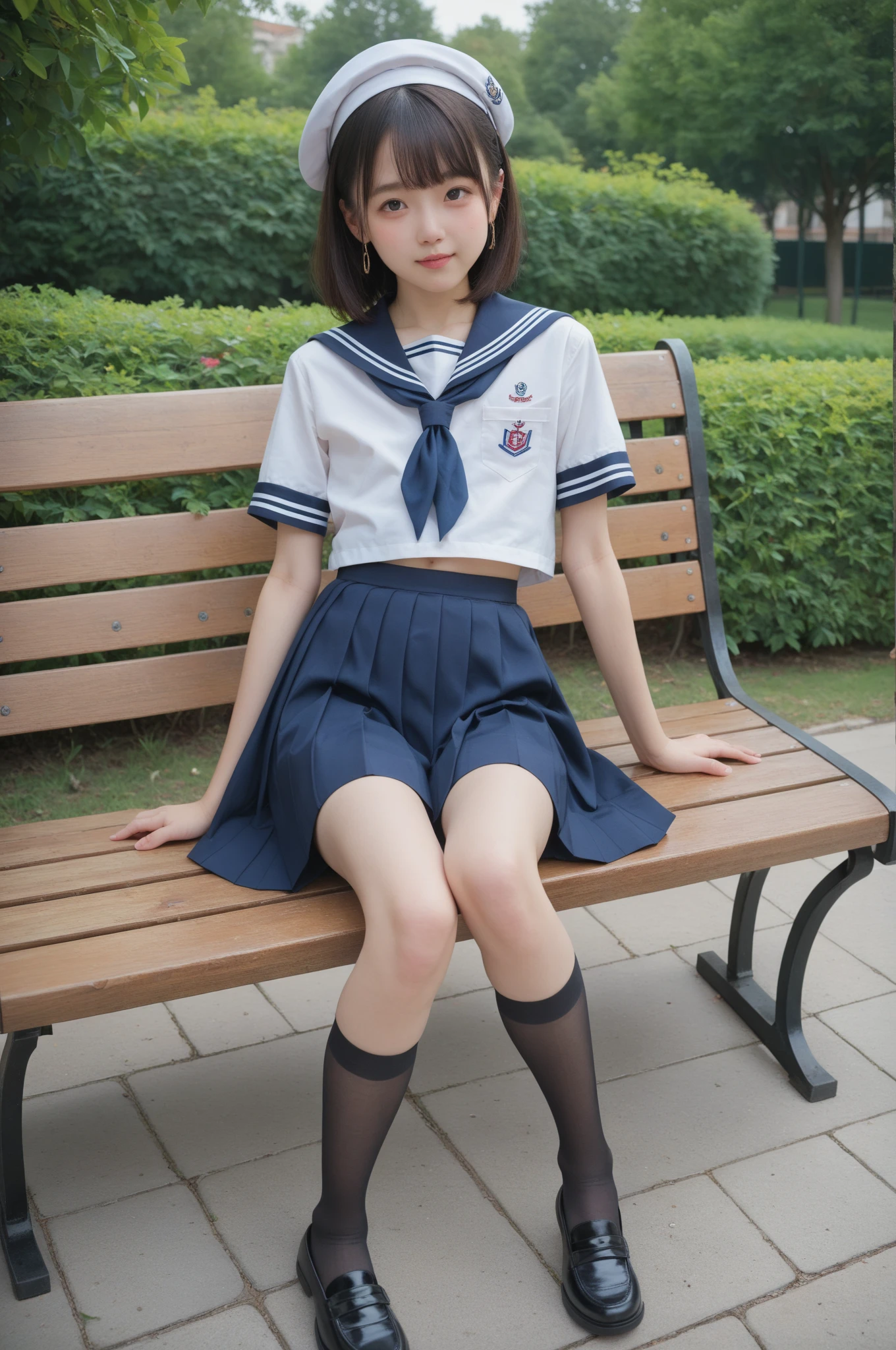   sailor suit ,***************************, cute girl,masterpiece,4K,8k,16k,  black stockings,  sit on a park bench , is short