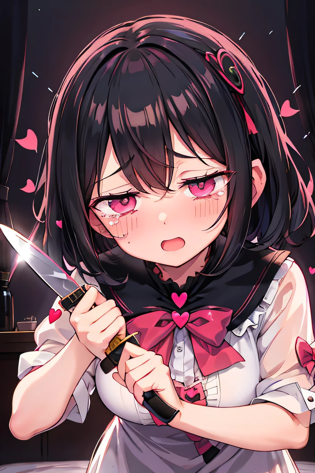 (dark taste), upper body, 1girl, (Yandere, Menhera:1.5), li, looking at viewer, face focus, black Hair, short hair, wavy hair, pink Eyes, (with heart-shaped irise:1.5), (Hold the knife:1.5), Eyes Shining, (There are hearts in my eyes), (envy:1.2), troubled eyebrows, open mouth, (big tears:1.2), A world full of love, Confinement Play, Line of sight, (Leaning forward:1.3), Red cheeks, In heat, cute, in the bedroom, at night, (Perfect Fingers, Perfect Eyes:1.2), (best quality, masterpiece, illustration, ultra-detailed:1.1),
