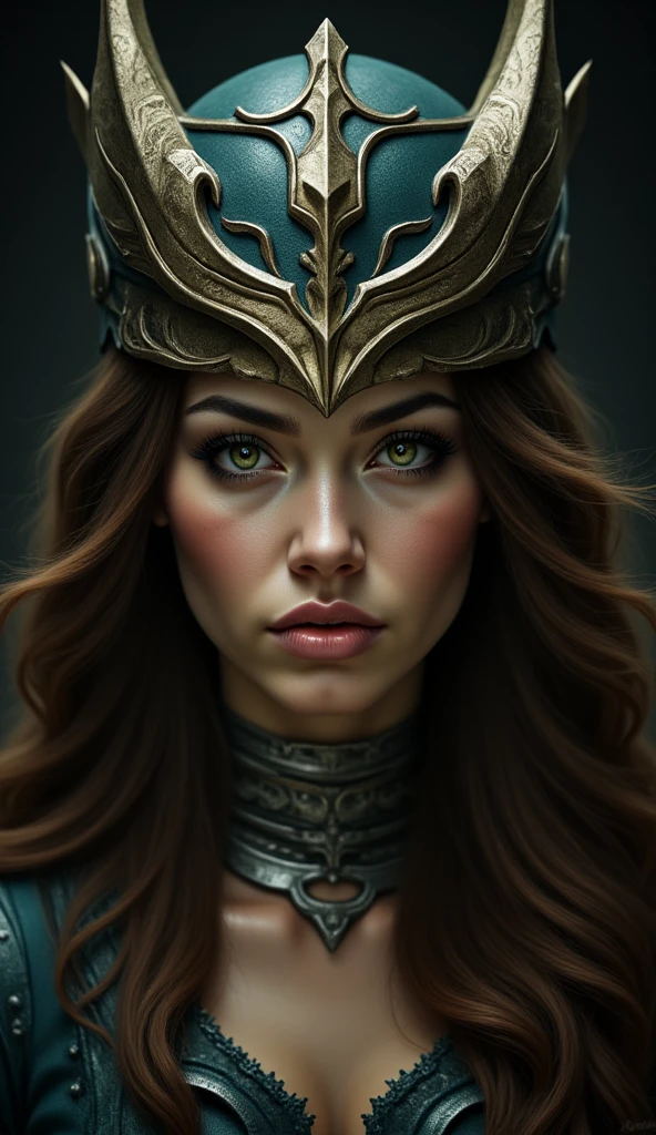 Portrait photo ultra réaliste d'une belle femme latine avec un casque de Valkyrie, d'environ 30-35 ans. Cheveux bruns, légèrement ondulés, yeux vert-marron clair, charismatique et épique. Avec une expression sur le visage de vengeance.