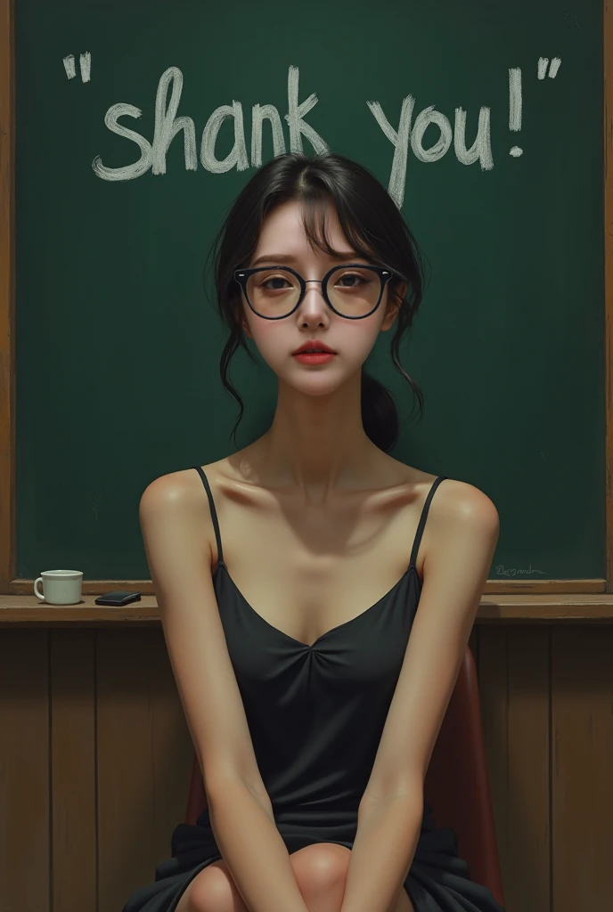 (( top quality )), ((傑 top quality 、masterpiece、High sensitivity、 high res、Detailed description、 delicate face depiction )),Slender woman、Glasses、Sit upright、 face the front、Blackboard behind、「shank you!」No character、