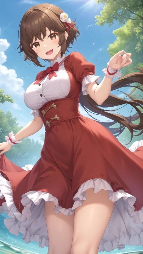 masterpiece, best quality, high quality, girl, solo, looking at viewer, kogure_kawanami, brown hair, brown eyes, large breasts, princess connect re dive cosplay, princess Dress, standing, smile, open mouth, outdoors 