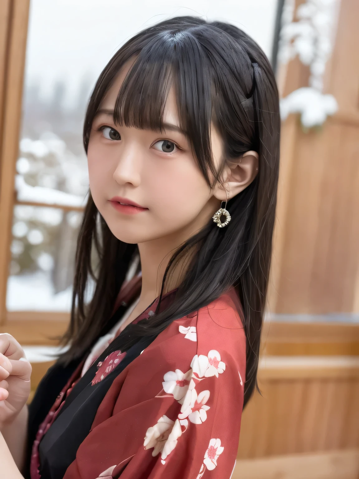 A breathtakingly beautiful 20-year-old woman with a slender physique, dressed in an elegant and luxurious black and red kimono suitable for the Japanese New Year. The background showcases a serene sunrise on New Year's Day, with a traditional Japanese shrine, snow-covered grounds, and vibrant red camellias in full bloom. The scene captures a harmonious blend of traditional beauty and the peaceful atmosphere of a snowy New Year's morning. smiles gently, FRIENDLY. ( RAW photos , top quality ), ( realistic , photo- realistic :1.4), masterpiece, extremely delicate and beautiful, extremely detailed, 2k wallpaper, wonderful, Detailed description, extremely detailed CG unity 8k wallpaper, ULTRA DETAIL, high res, Soft light, beautiful detailed girl looking back, extremely detailed eyes and face, beautiful detailed nose, beautiful detailed eyes, cinematic lighting , Perfect Anatomy, slender body.