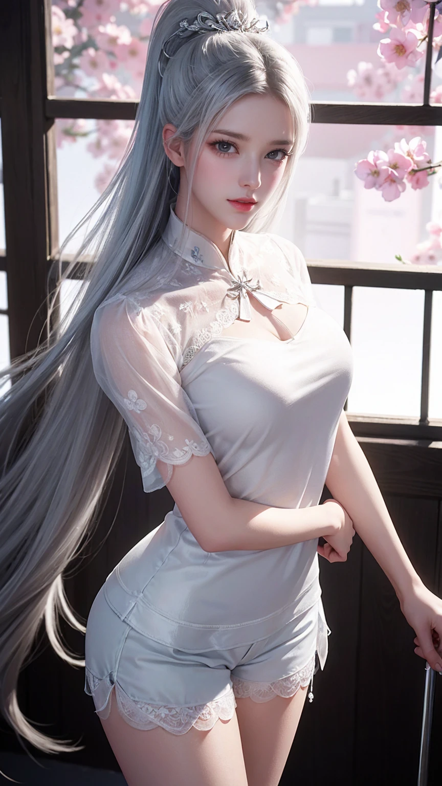 ((Best picture quality, 8K, tmasterpiece:1.3)), 1girll, Beautiful woman with slender abs:1.3, (Casual hairstyle:1.2), shift dresses:1.1, Ultra-fine face, A detailed eye, 二重まぶた,shylily,dynamicposes,ssmile,Anime girl with white hair and blue eyes holding a fan,Hanfu,Slip dress,Detailed digital anime art,Anime goddess,High detail official artwork,detailed anime art,portrait of a female anime hero,Eau