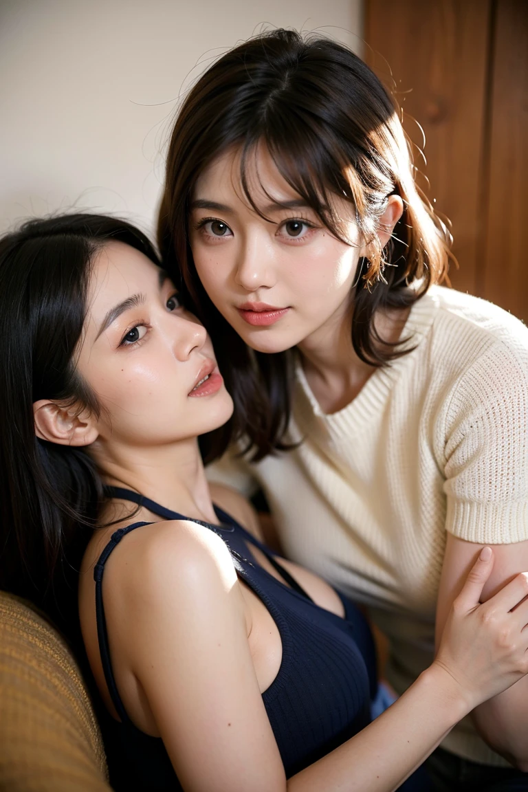 Best-quality, Masterpiece, Ultra-High-Resolution, (Photorealistic:1.4), Raw-Photo, lesbian-couple, sitting on luxurious-sofa at home, laughing out loud, making love, all different face, face-focus, ((1girl, 15-years-old, the most famous Japanese idol, extremely beautiful black-short-cut-haired, extremely cute face, extremely beautiful big-black-eyes, completely drunk, highly-sexedintense sexual desire, strong sexual desire)), ((1woman, 25-years-old, the most famous Japanese actress, extremely beautiful brown-haired, extremely beautiful face, extremely beautiful big-black-eyes, extremely beautiful big-breasts)), both wearing only pajamas with cute-design