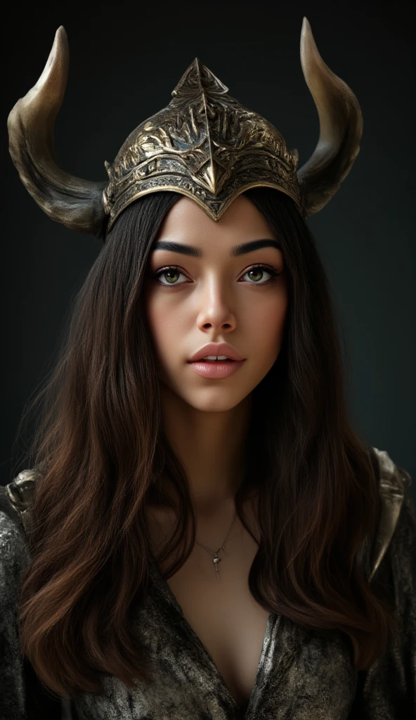 Portrait photo ultra réaliste d'une belle femme latine avec un casque de Valkyrie, d'environ 30-35 ans. Cheveux bruns, légèrement ondulés, yeux vert-marron clair, charismatique et épique. Avec une expression sur le visage de vengeance.