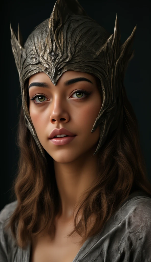 Portrait photo ultra réaliste d'une belle femme latine avec un casque de Valkyrie, d'environ 30-35 ans. Cheveux bruns, légèrement ondulés, yeux vert-marron clair, charismatique et épique. Avec une expression sur le visage de vengeance.