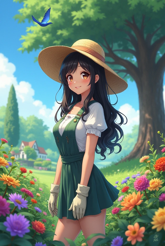  one girl, Clothes to take care of the garden,  Straw Hat , Wearing gloves,  long black hair ,  Big Breasts ,  Beautiful, well-groomed face,   beautiful brown eyes, Look at me and smile, Old-fashioned garden ,  colorful flowers blooming,  brightly colored , Large Tree,  blue sky, blue bird , Anime/Manga,  high image quality, masterpiece, 