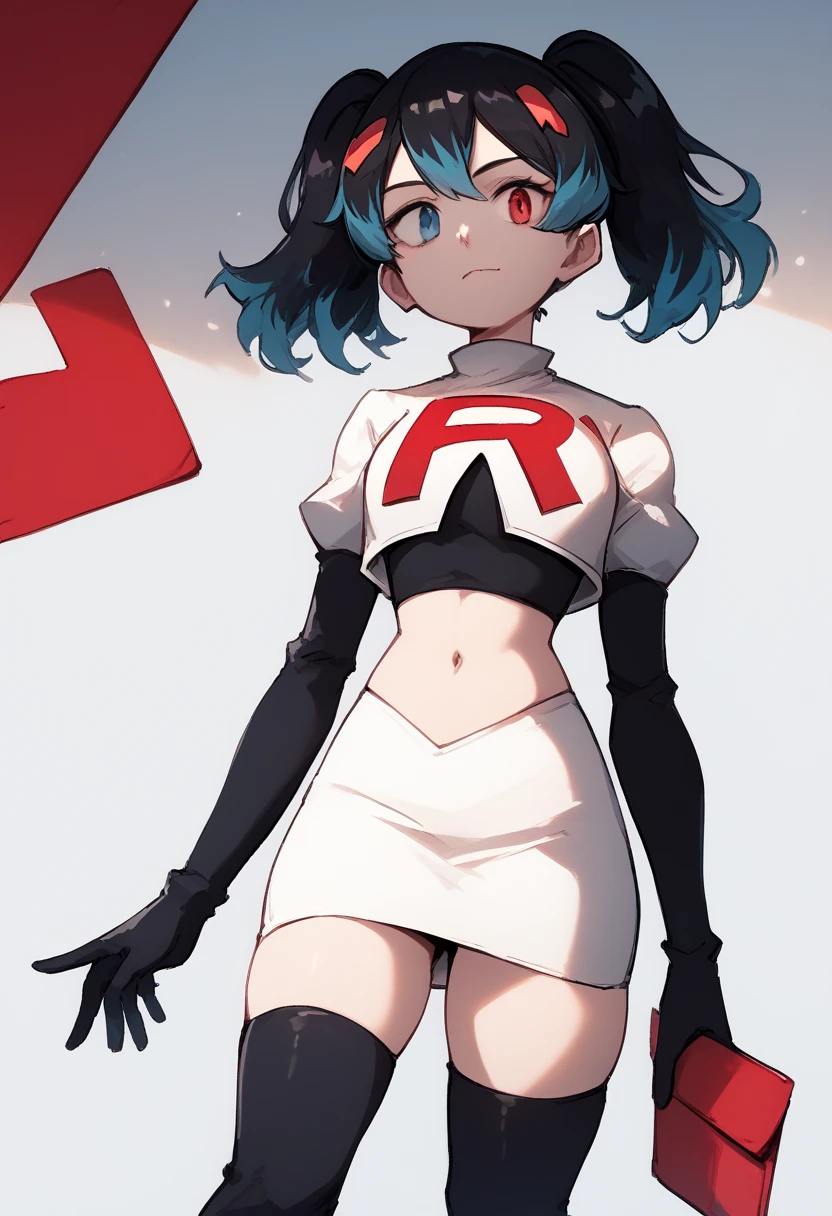 score_9, score_8_up, score_7_up, source_anime, 1girl, Switchchan, heterochromia, team rocket,team rocket uniform,white skirt,red letter R,crop top,black thigh-highs,black elbow gloves, cowboy shot