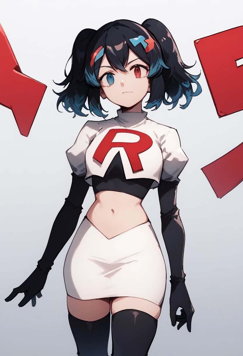 score_9, score_8_up, score_7_up, source_anime, 1girl, Switchchan, heterochromia, team rocket,team rocket uniform,white skirt,red letter R,crop top,black thigh-highs,black elbow gloves, cowboy shot