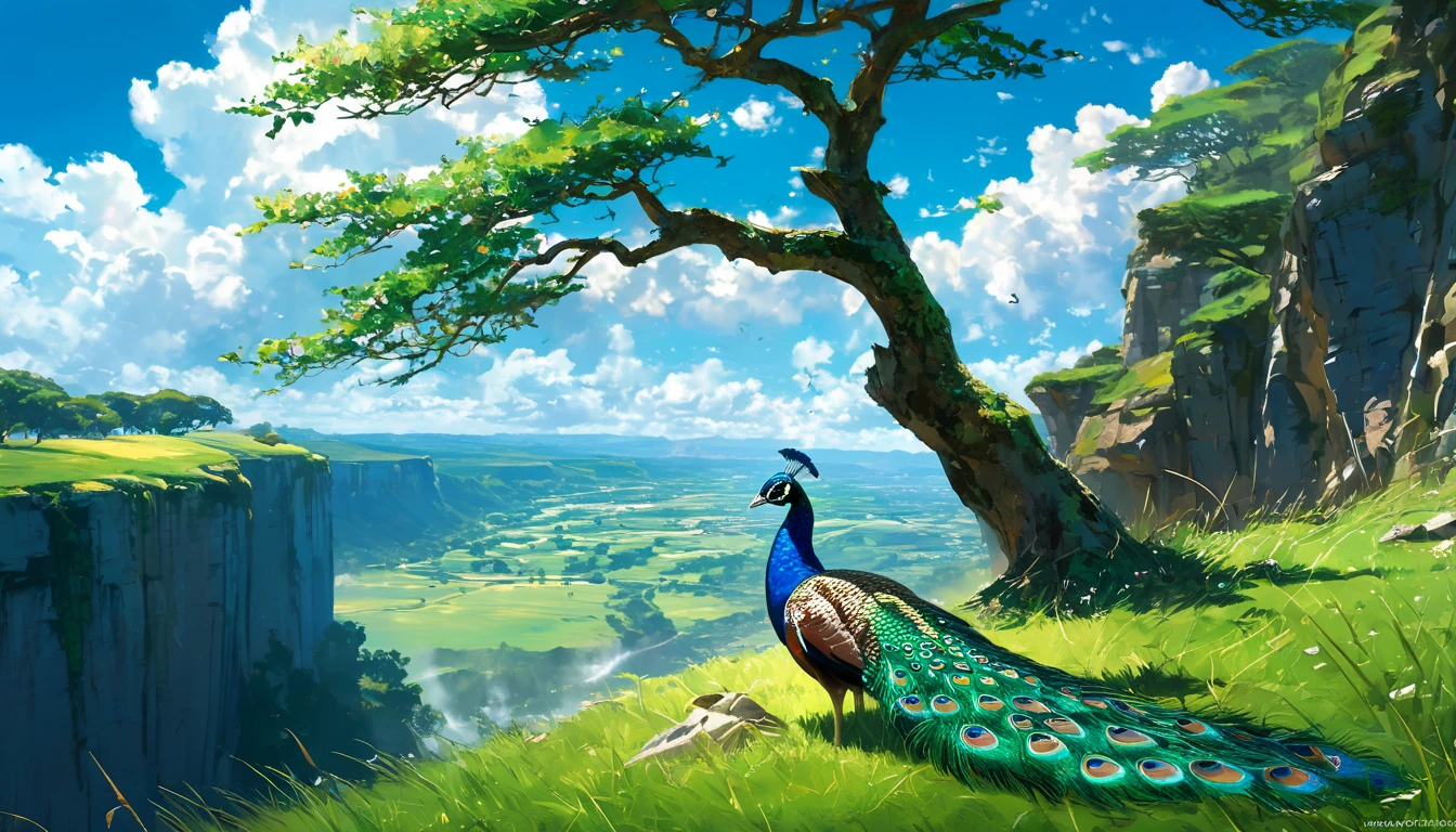 a peacock sitting under a tree near a cliff in a meadow , seeing a vast blue sky with fluffy clouds and brush strokes , tall grasses stones, , makoto shinkai cyril rolando, anime art wallpaper 4k, anime art wallpaper 4k, animated background, anime art wallpaper 8K, animated background art, Anime Landscape Wallpaper, amazing wallpaper, HD wallpaper, 4k anime wallpaper, 4k anime wallpaper, Aries Moross art,art by Bob Byerley , AshleyWoodArtAI, greg rutkowski(far angle view)(brokeh effects)