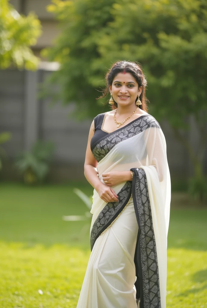 Indian Wife with a folded saree, white and black saree, HDR, 8k, hyperdetailed, best quality, ultra-high resolution, HDR, curved body, 8k, walking on the lawn , look at viewer, having perfect breasts, ( perfect anatomy with little chubby), wavy hair, bright smile