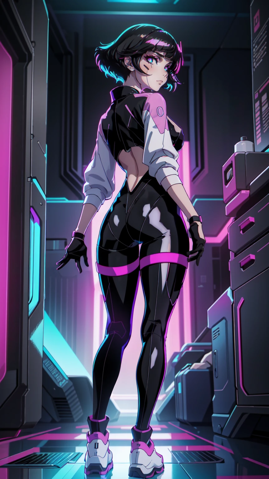 Create an illustration of Sasha from Cyberpunk: Edgerunners. She is a young netrunner with a slender and agile physique, reflecting her hacker lifestyle. Her hair is short, (black hair), messy, and brightly colored, often with neon highlights like electric blue or vibrant pink. Her (blue eyes) have a sharp, tech-enhanced glow, hinting at cybernetic implants. Sasha wears a sleek, tactical bodysuit designed for mobility and stealth, primarily in shades of black and dark gray, accented with neon lines that pulse softly with her netrunning activity. She also sports a high-tech visor or goggles over her eyes, loaded with digital HUD displays. Her gloves are fingerless, exposing cybernetic fingertips perfect for interfacing with technology. Completing her look are combat boots and a utility belt filled with small hacking tools and gadgets. The overall vibe is a mix of futuristic hacker aesthetic and street-smart edge, blending style and functionality. walking on the floor, with pink shoes, dinamic poses