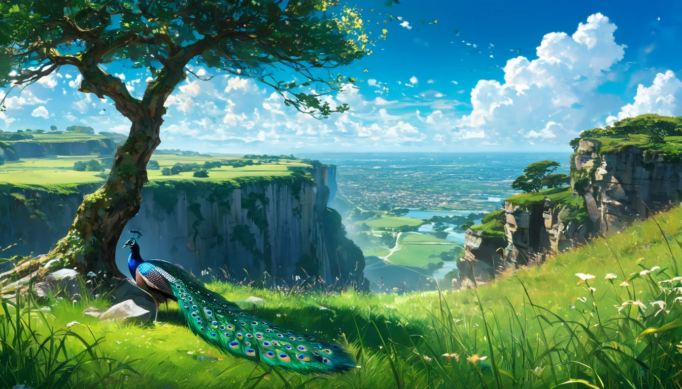 a peacock sitting under a tree near a cliff in a meadow , seeing a vast blue sky with fluffy clouds and brush strokes , tall grasses stones, , makoto shinkai cyril rolando, anime art wallpaper 4k, anime art wallpaper 4k, animated background, anime art wallpaper 8K, animated background art, Anime Landscape Wallpaper, amazing wallpaper, HD wallpaper, 4k anime wallpaper, 4k anime wallpaper, Aries Moross art,art by Bob Byerley , AshleyWoodArtAI, greg rutkowski(far angle view)(brokeh effects)