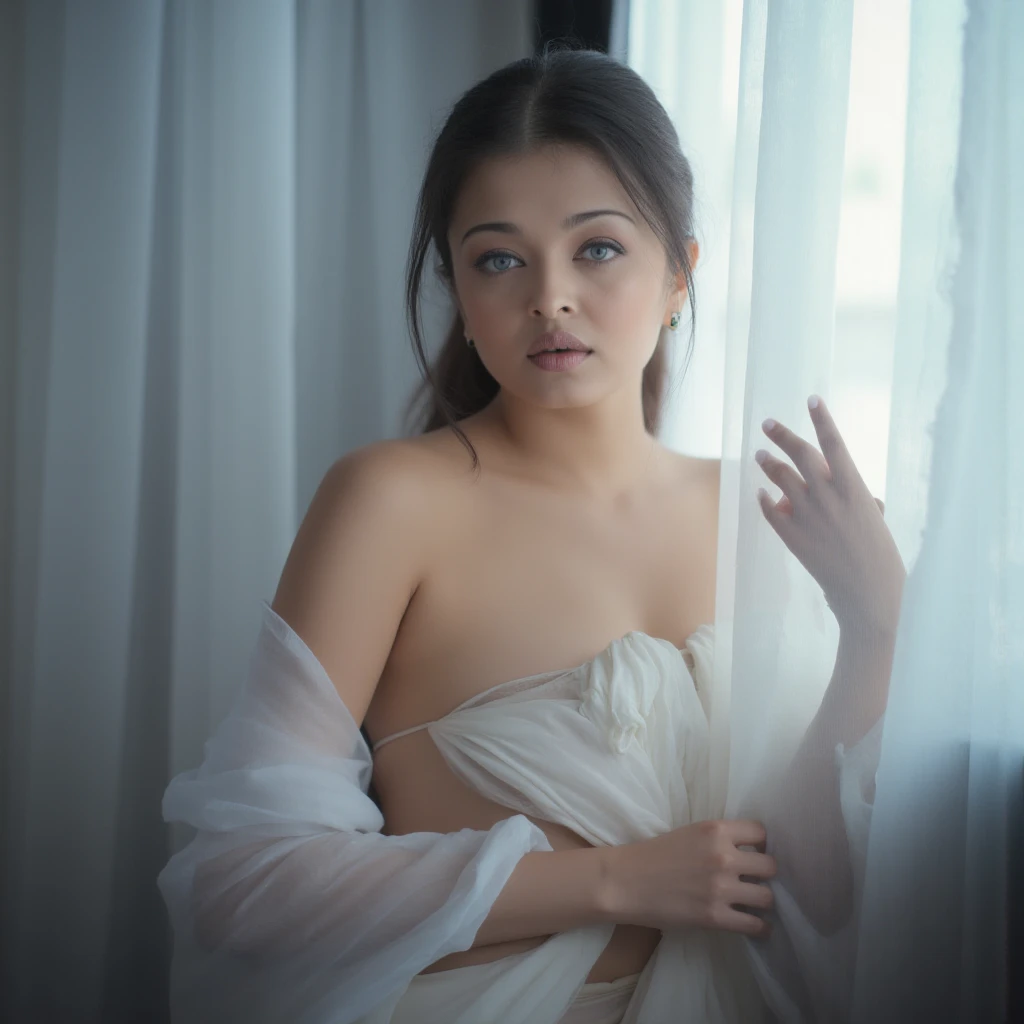 "A stunning, ultra-high-definition (UHD), photorealistic portrait of a  stunning women, "1Ashgirl",  white curtains, wrapped in a bow shape see through white cloth, full body length, full view, 