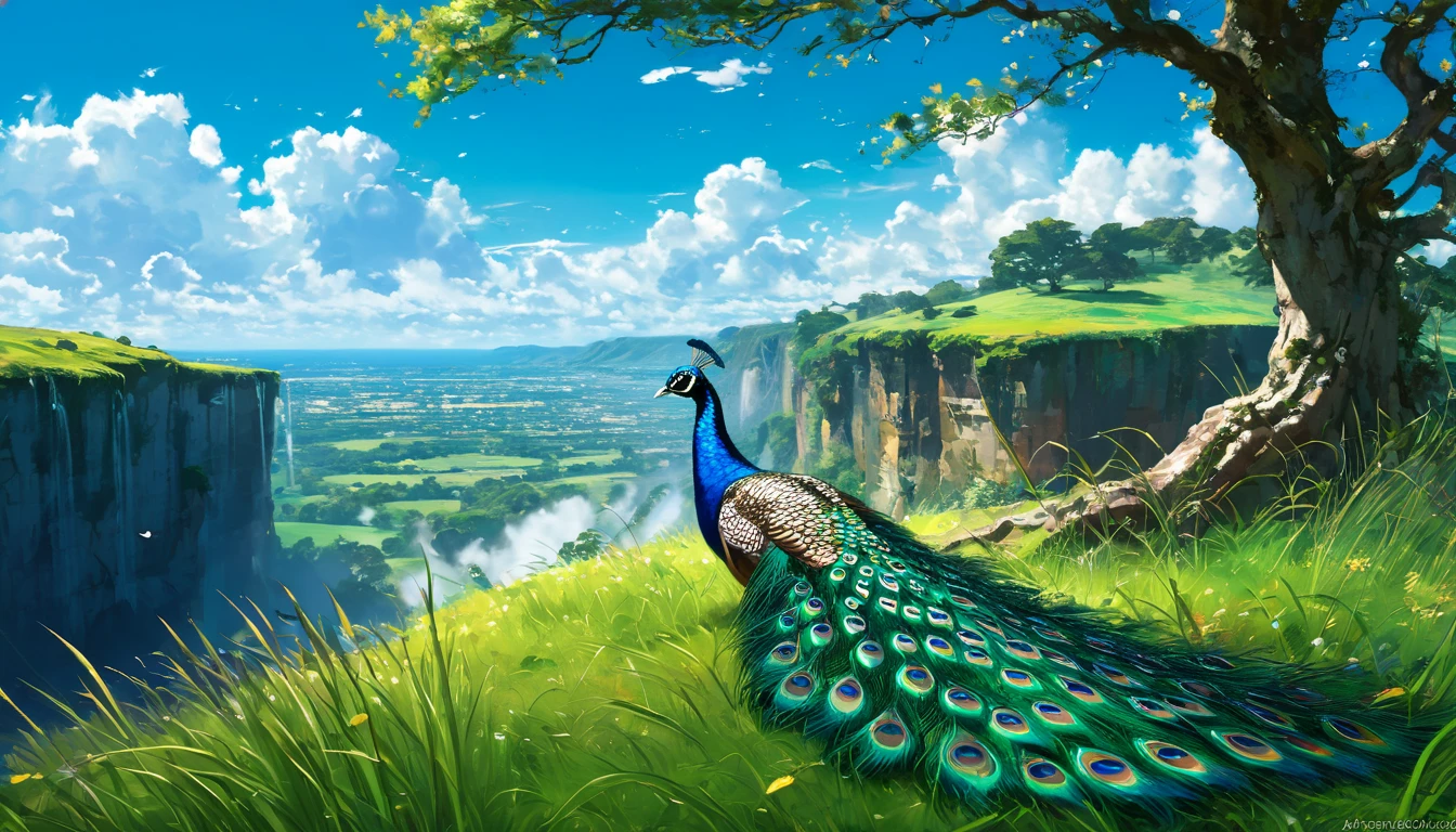 a peacock sitting under a tree near a cliff in a meadow , seeing a vast blue sky with fluffy clouds and brush strokes , tall grasses stones, , makoto shinkai cyril rolando, anime art wallpaper 4k, anime art wallpaper 4k, animated background, anime art wallpaper 8K, animated background art, Anime Landscape Wallpaper, amazing wallpaper, HD wallpaper, 4k anime wallpaper, 4k anime wallpaper, Aries Moross art,art by Bob Byerley , AshleyWoodArtAI, greg rutkowski(far angle view)(brokeh effects)