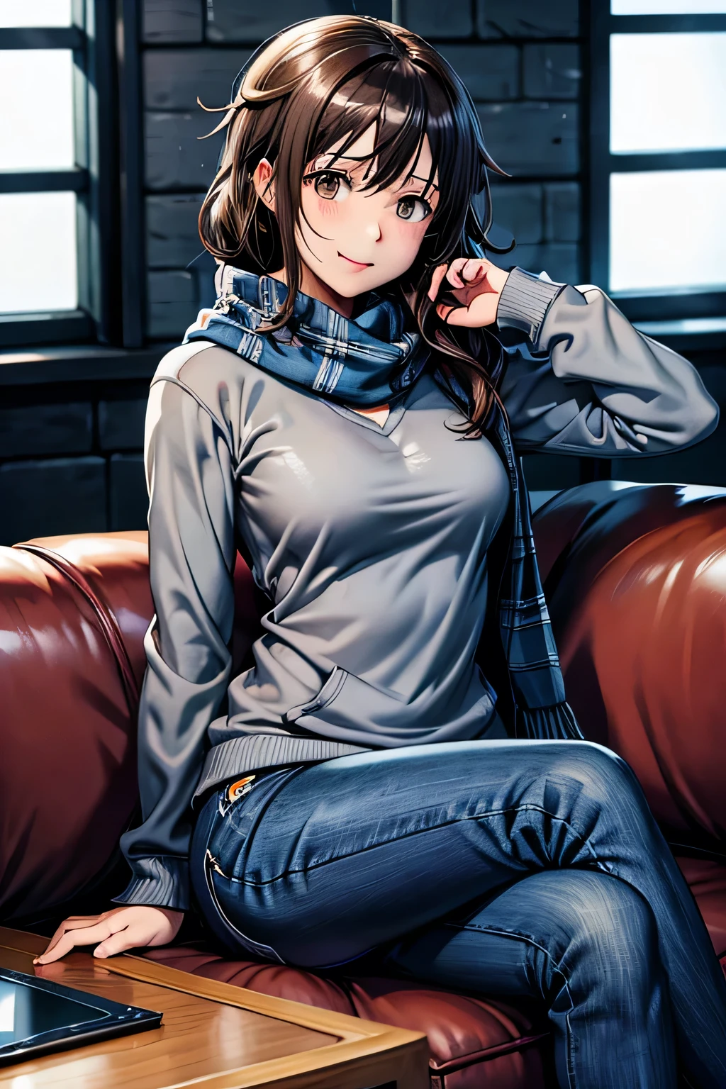 bell, anime, curly brown hair, medium breasts, black eyes, light smile, jeans, scarf, gray sweatshirt, blue pants, sitting, Cross-legged, Inside the smart home, sitting on the couch, Asada Shino's face, anime Sword Art Online, highest quality