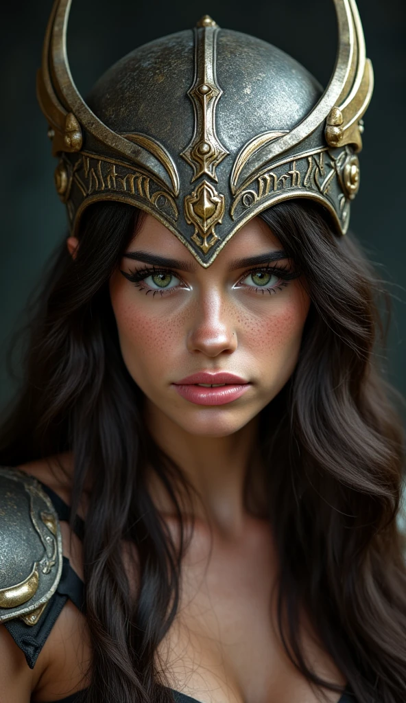 Portrait photo ultra réaliste d'une belle femme latine avec un casque de Valkyrie, d'environ 30-35 ans. Cheveux bruns, légèrement ondulés, yeux vert-marron clair, charismatique et épique. Avec une expression sur le visage de vengeance.