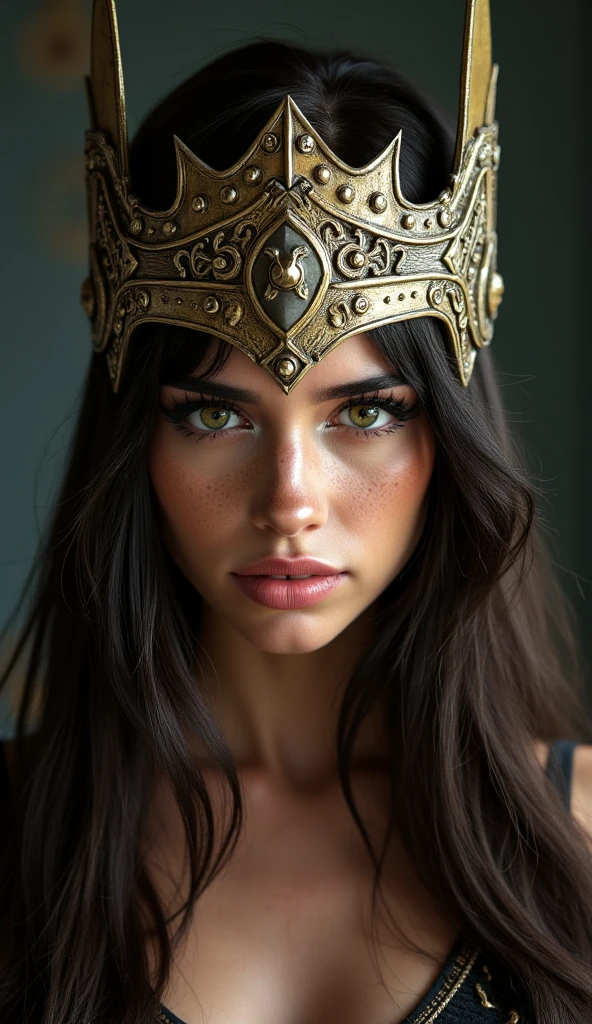 Portrait photo ultra réaliste d'une belle femme latine avec un casque de Valkyrie, d'environ 30-35 ans. Cheveux bruns, légèrement ondulés, yeux vert-marron clair, charismatique et épique. Avec une expression sur le visage de vengeance.