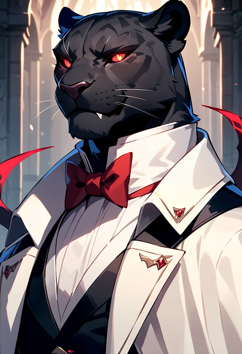 handsome anthropomorphic black panther with red glowing eyes wearing a black suit with a bowtie, elegant, medieval fantasy vibes, light novel art, black pelt, detailed furry art, cool, sexy, masculine, black colored butler suit, evil smirk, arrogant, evil, demonic servant, superiority complex, evil smile, half-lidded gaze, lean and toned, portrait, sexy masculinity, young male panther. villain, detailed anime style, detailed red glowing devil eyes