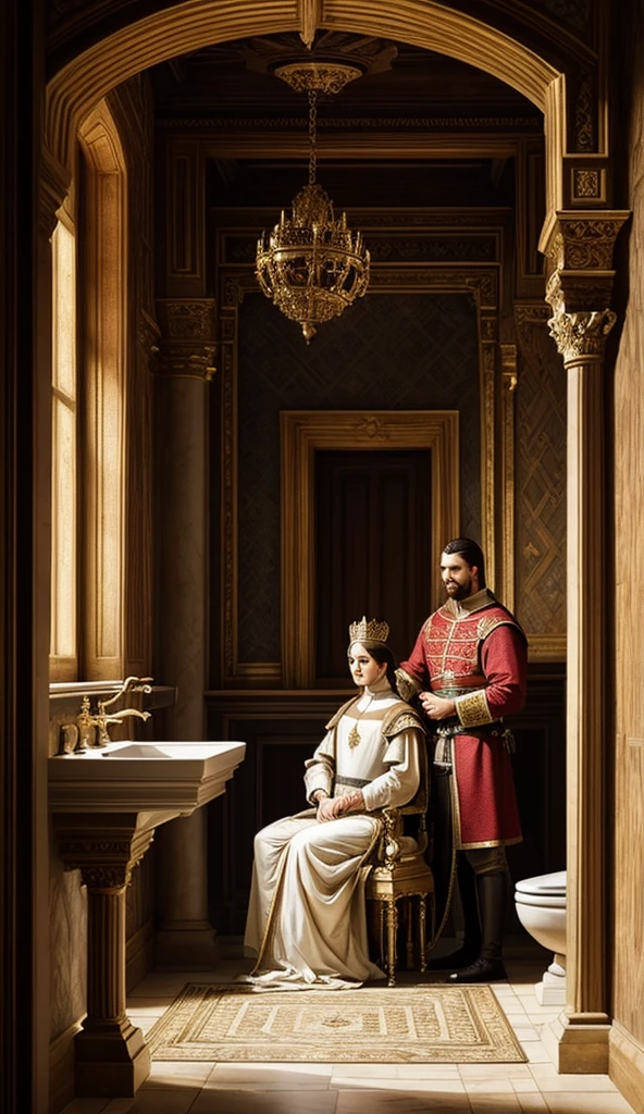 A medieval royal bathroom scene, depicting a king seated in a simple, rustic toilet typical of the time, with a royal cleaner standing beside him, ready to assist. The cleaner holds dry leaves in hand, preparing to perform his duties. The atmosphere is rich with medieval authenticity, but with a surreal twist. The scene blends the realistic lighting, proportions, and fine textures of the Renaissance with unexpected dreamlike elements: distorted reflections in the water, an impossibly vibrant glow illuminating the room, and the contrast between the humble setting and the opulence of the royal attire. The composition emphasizes symmetry and balance, creating a bizarre yet visually intriguing atmosphere.