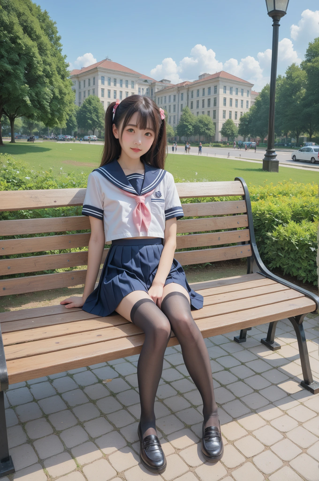   sailor suit ,***************************, cute girl,masterpiece,4K,8k,16k,  black stockings,  sit on a park bench , is short