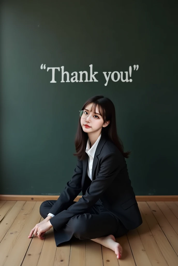 (( top quality )), ((傑 top quality 、masterpiece、High sensitivity、 high res、Detailed description、 delicate face depiction )),Slender woman、Glasses、Sitting on the floor、 in a suit、Face the front with a smile、Blackboard behind、「shank you!」No character、
