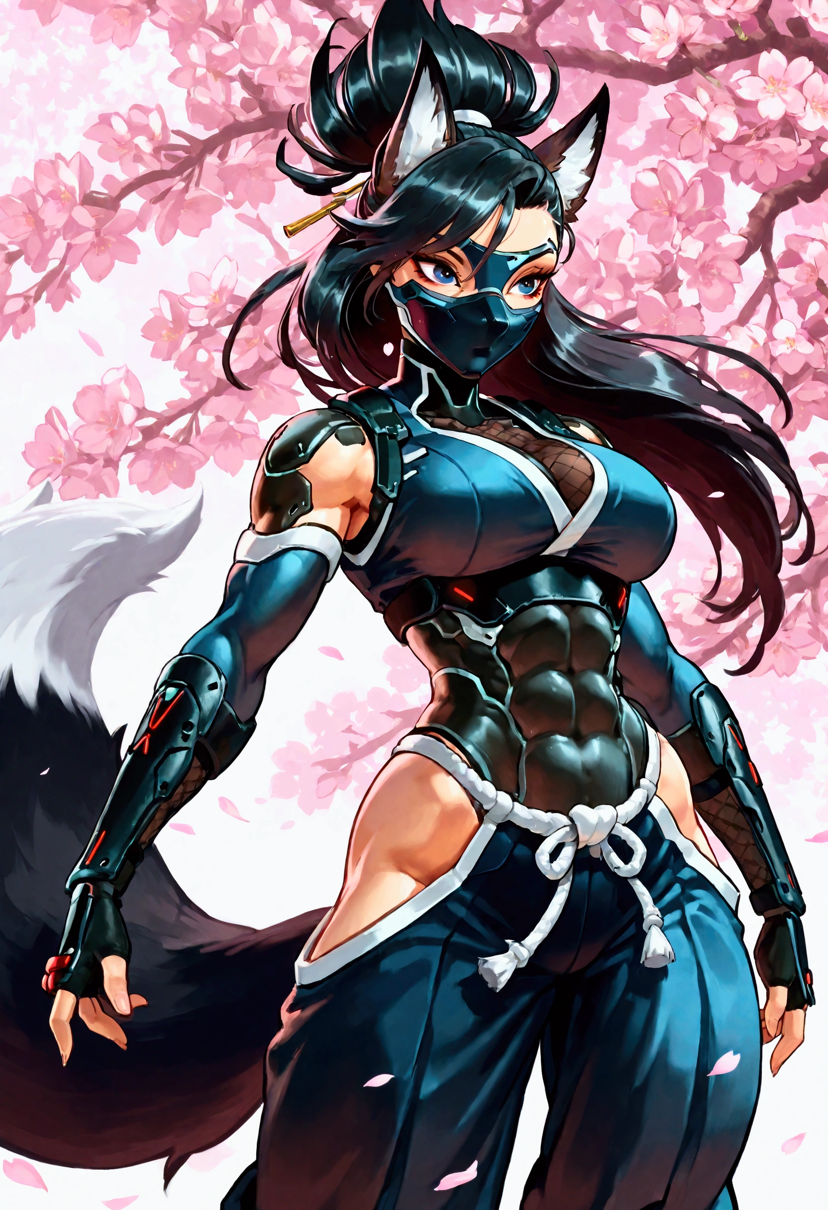 Anthropomorphic fox, female, sexy, ninja clothes, ninja mask, well-toned abs, stealthy, ninja attack, cherry tree blossom background, cyberpunk, long hairstyle, black hair