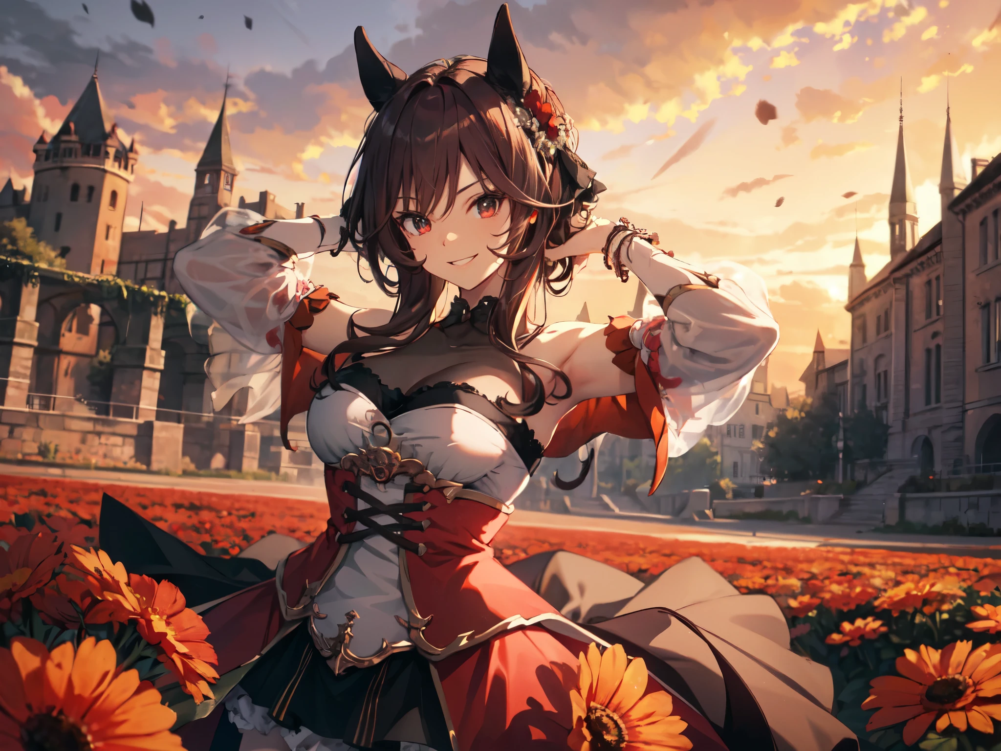 Face shot. See-through top, tights, horse-like ears, skirt with side slits, showing armpits sideways, arms crossed, smiling showing gums, looking straight ahead, in a castle, surrounded by red flower fields, red sky in the background, strong wind blowing. Best quality, 8k, high resolution, masterpiece, super detailed, realistic, photorealistic, HDR, bright colors, studio lighting, professionally shot