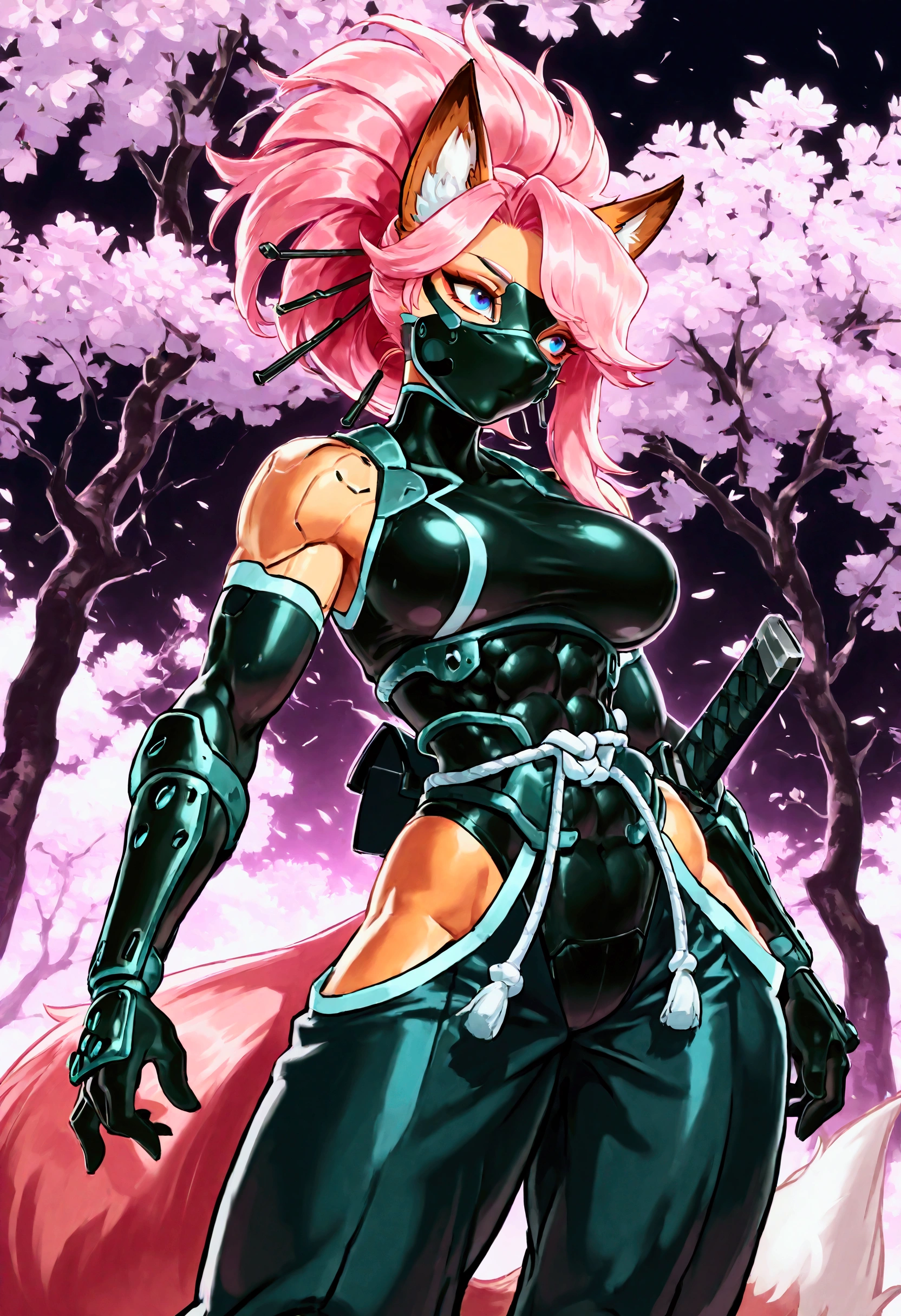 Anthropomorphic fox, female, sexy, ninja clothes, ninja mask, well-toned abs, stealthy, ninja attack, cherry tree blossom background, cyberpunk, long hairstyle, hot pink hair