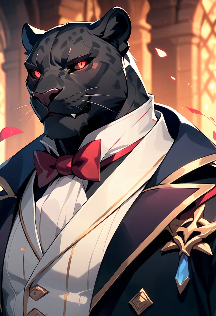 handsome anthropomorphic black panther with red glowing eyes wearing a black suit with a bowtie, elegant, medieval fantasy vibes, light novel art, black pelt, detailed furry art, cool, sexy, masculine, black colored butler suit, evil smirk, arrogant, evil, demonic servant, superiority complex, evil smile, half-lidded gaze, lean and toned, portrait, sexy masculinity, young male panther. villain, detailed anime style, demon symbol pupils, amused expression 