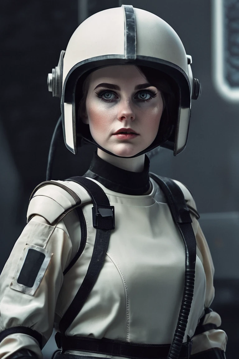 retro, sci-fi, fantasy.
cleaning girl scavenger, sci if rusty dirty full body uniform, cap helmet, armour, armour boots.
Dark eyes, short dark hair, pale skin, pale face, black lipstick.
Standing in partial shade, volume dim light.