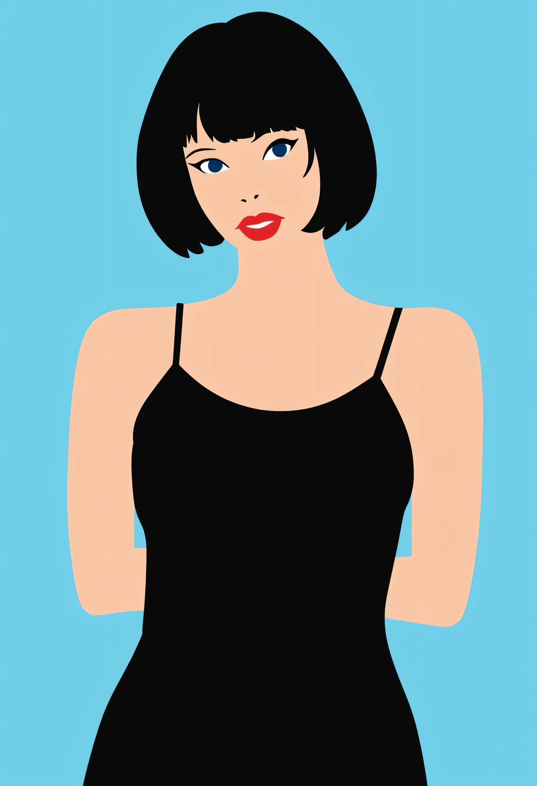 Aesthetically_Pleasant_Pose, 1Woman, Solo, Stencil, close up, A captivating simple Vector art of a black bob hair female wearing a sleeveless black spaghetti strap dress with blue eyes, and a red lip, bare shoulders, blue background. Standing up, it’s a very minimalist simple vector illustration with minimal colors, upper body, looking at viewers