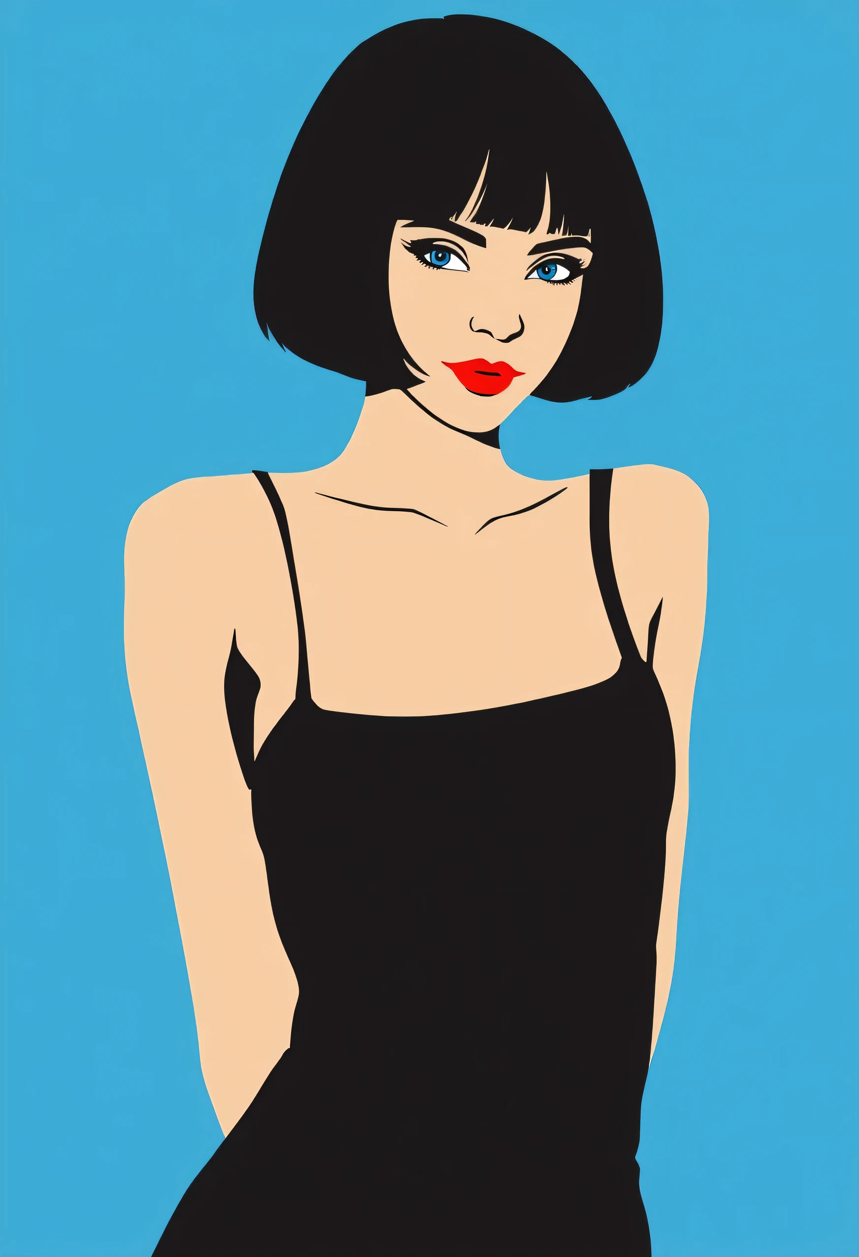 Aesthetically_Pleasant_Pose, 1Woman, Solo, Stencil, close up, A captivating simple Vector art of a black bob hair female wearing a sleeveless black spaghetti strap dress with blue eyes, and a red lip, bare shoulders, blue background. Standing up, it’s a very minimalist simple vector illustration with minimal colors, upper body, looking at viewers
