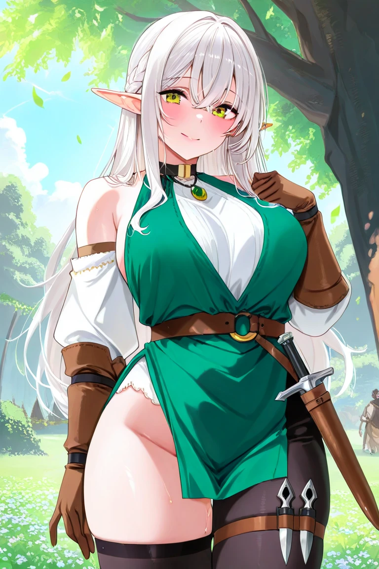 28-year-old medieval elf and the face of an adult woman, white hair, She wears a green amulet around her neck and has a strong connection with nature and with a dagger in her thigh