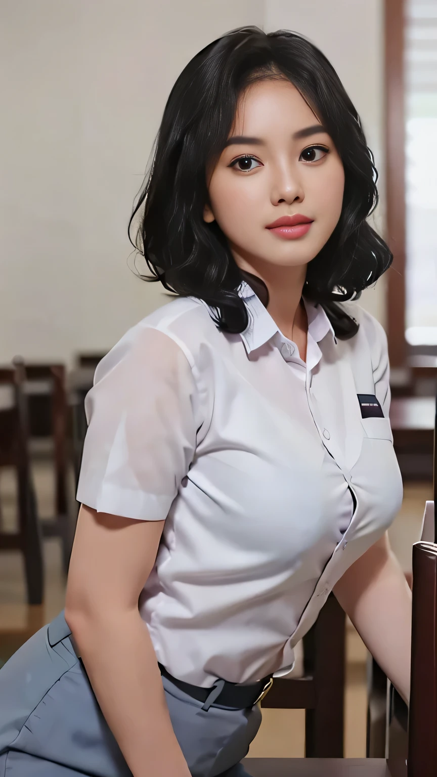 RAW, Best quality, high resolution, masterpiece: 1.3), Beautiful young indonesian girl with short wavy hair, eyeglass, sex pose, sensual body, on a top of table of class room, ((senior high school clothes)), orgasm, highres, 4k, HDR, 1girl, photorealistic, realistic, big breasts, short wavy hair, ((whole body)), class-room,