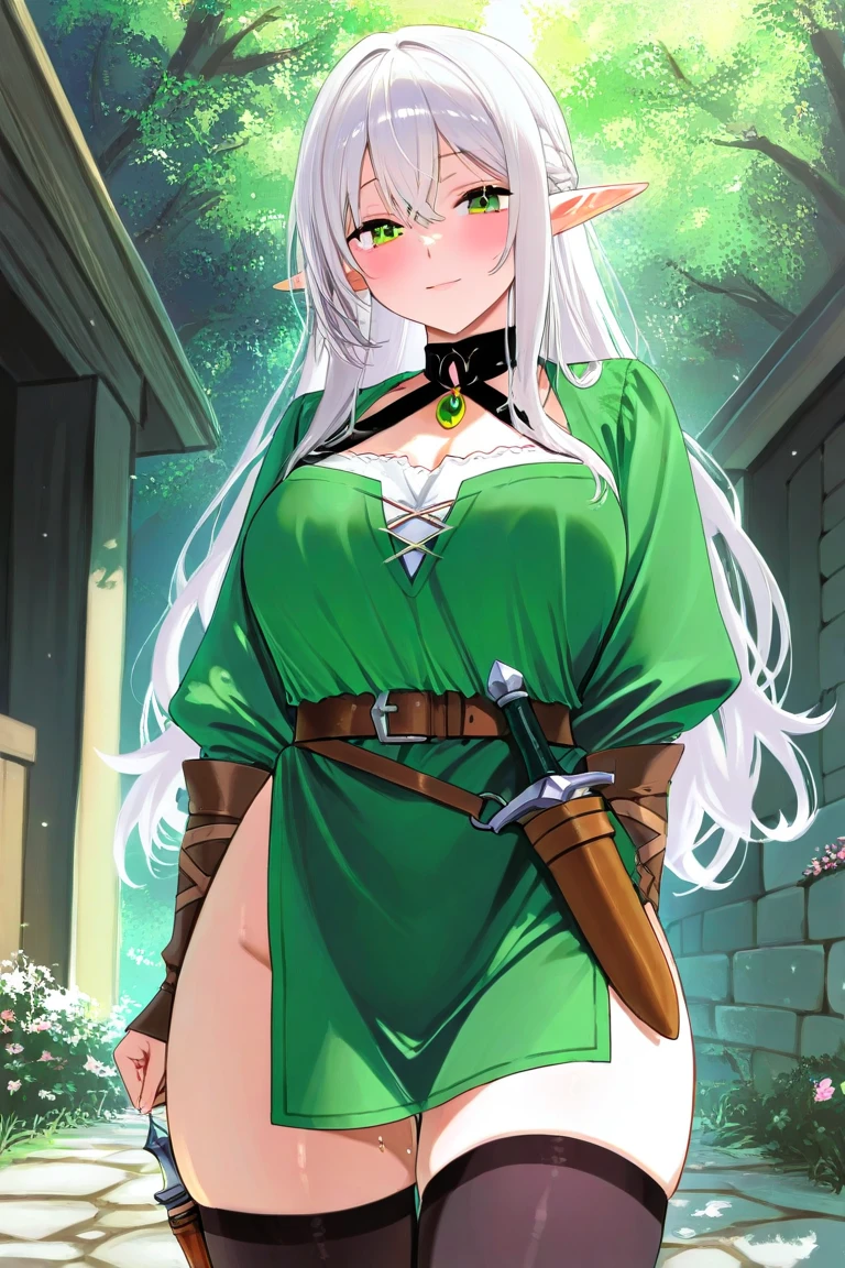 28-year-old medieval elf and the face of an adult woman, white hair, She wears a green amulet around her neck and has a strong connection with nature and with a dagger in her thigh