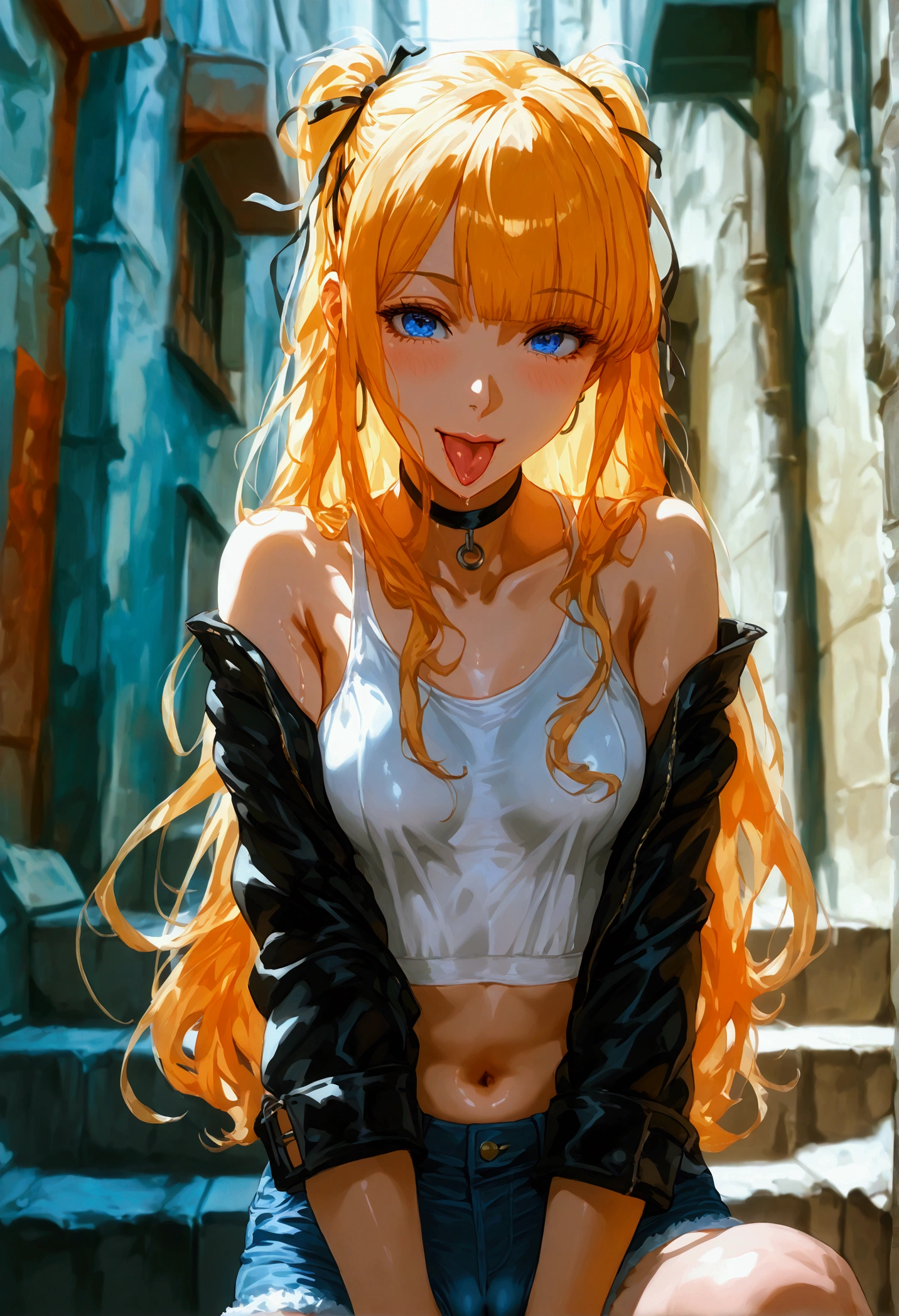 GintoAIstyle, anime coloring, Marie rose, small breasts, one girl, blonde hair, Long Hair, twin tails, blunt bangs, blue eyes, wearing a black sleeveless jacket with a white crop top underneath and denim hot pants, legs spread, v hand sign, tongue out, finger in mouth, in a alley with stairs buildings surrounding as walls, close up, detailed eyes, tight chest, pussy peek, bare armpits, exposed navel, cameltoe,