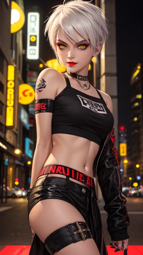 image of tomboy girl, solo, masterpiece, white hair, undercut hairstyle, yellow eyes, masterpiece, image of a wild girl with tattoo, midriff, punk, red eyeshadow, wild, smirk on face, city at nighttime, neon colors lighting, moody, shadows, 1 girl, Red Lips