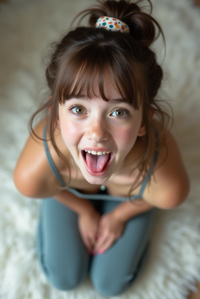 1girl, Alone, Looking at viewer, Open Mouth, bangs, Hair Ribbon, Tongue, Tongue Out, wide open mouth POV, From Above, squinting, cute, pretty, young looking, Danish, yoga, tight leggings pants, very pale skin, light brown hair, freckles, soft young body, instagram picture style, girly teenager room, photorealistic, 8k, on knees, white fluffy rug, young looking 18-year-old nanny 、 Japanese、 Japanese、 Japanese、 Japanese