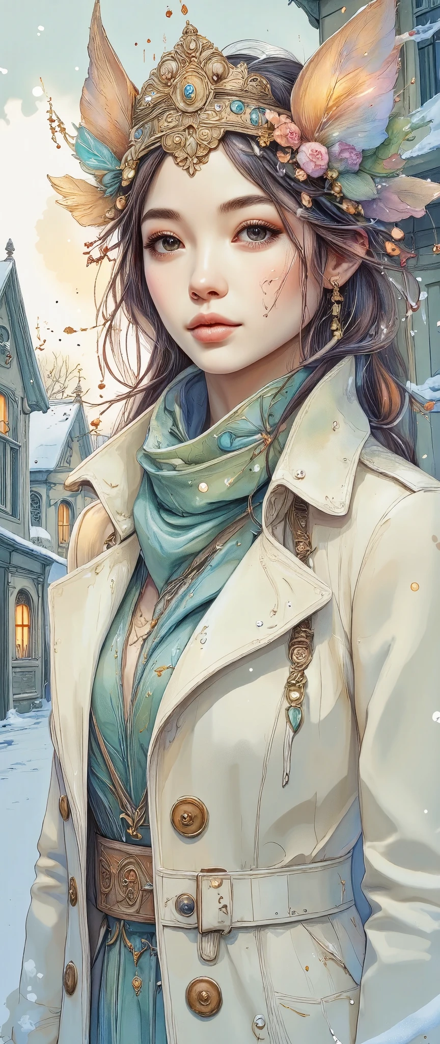 a beautiful young woman in a trenchcoat and scarf, in a snowy village, cold atmosphere, detailed face and eyes, intricate clothing folds, soft lighting, winter landscape, warm color tones, photorealistic, cinematic composition, highly detailed