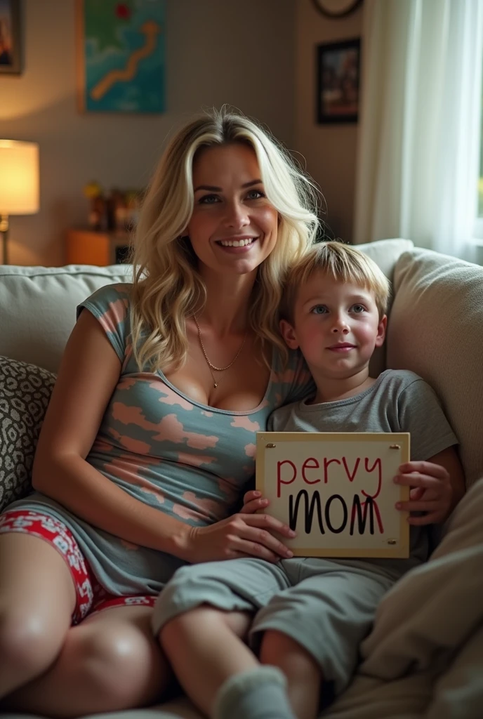 Family portrait, family image, Imagine a cozy living room filled with soft, natural window light. A stylish, confident blonde sexy bombshell milf holding a sign that says “pervy mom” and biting her lip, comfortable, cleavage. She’s wearing colorful slutty cropped tshirt showing cleavage, and biting her lip sensually, blushing and biting her lip as she focuses on the screen. Her ********, ********* or , is lying down next to her, with wide eyes and a big grin. Mom is biting lip and showing ass and cleavage. **** Son is wearing a shirt and pajamas, kissing

The room is decorated with family photos on the walls and a few video game posters. The boy’s face is nervous and scared, while his mother, turned on, blushes and bites her lip, she’s holding him as she bites her lip. A few bottles of wine lie around the bed, with empty snack bowls on the coffee table nearby, hinting that they’ve been spending time together.

The warmth of their connection is clear in the way they 
exchange playful comments, bonding over the movie. There’s a loving sexual and joyful atmosphere that feels natural and happy. Clear eyes, mom is biting her lip and moaning, mom is orgasming and pov she is rubbing herself, Ahegao, Drunk, Evil Smile, Moaning, eye contact with camera pov, mom is kissing her son