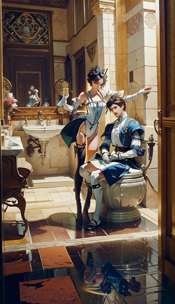 A medieval royal bathroom scene, depicting a king seated in a simple, rustic toilet typical of the time, with a royal cleaner standing beside him, ready to assist. The cleaner holds dry leaves in hand, preparing to perform his duties. The atmosphere is rich with medieval authenticity, but with a surreal twist. The scene blends the realistic lighting, proportions, and fine textures of the Renaissance with unexpected dreamlike elements: distorted reflections in the water, an impossibly vibrant glow illuminating the room, and the contrast between the humble setting and the opulence of the royal attire. The composition emphasizes symmetry and balance, creating a bizarre yet visually intriguing atmosphere.