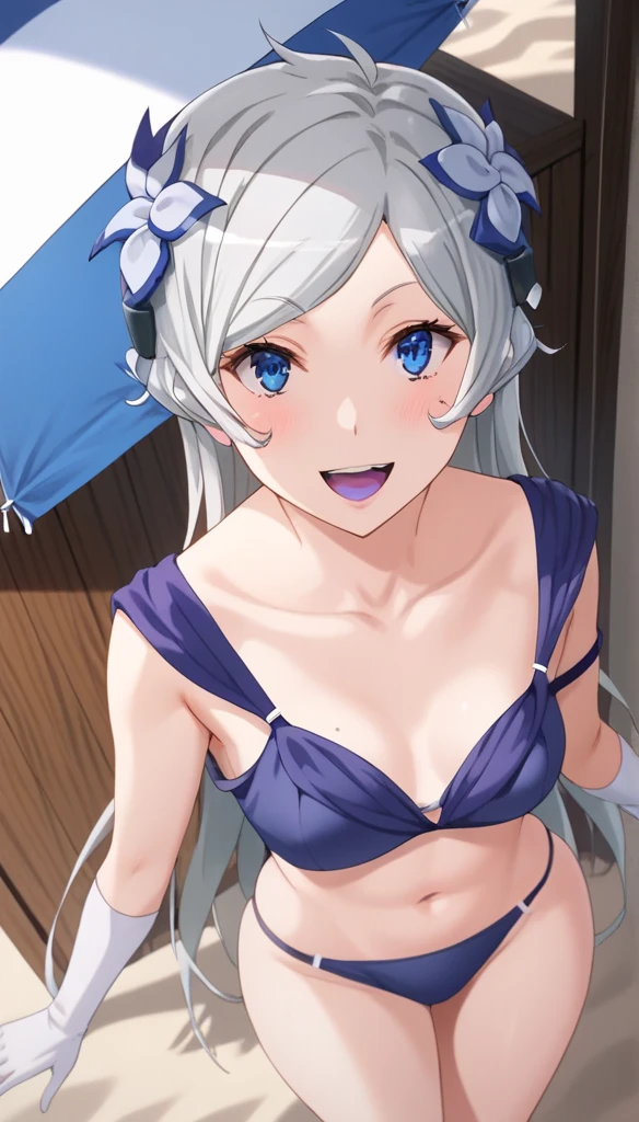 　High level image quality　best image quality　8K　 adult woman    pool party  rain　palm trees  more colors   whole body view　portrait　 bikini   　horn    ears  　short hair（（shortcut）（gray hair）（perm）（fluffy））　eye color is blue ,  , 　attractive evil face , smile   ,  sexy pose   ,  labrynth ,  barearm    , wearing pink shirt    , sitting on person by the pool , crossed legs  , all wet , wet hair 