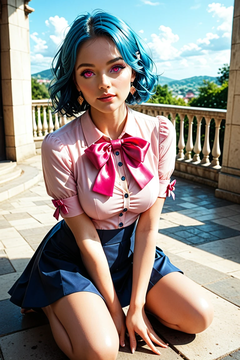 ( Details beautiful eyes and  Details face, masterpiece side light, masterpiece,  top quality ,  Details,  High Resolution Illustration ), ( 1 woman ,  pretty girl,  Glossy Skin ), ( Sky Blue Hair ,  Pink Eyes, skirt, ribbon, button shirt)( kneeling on the ground)