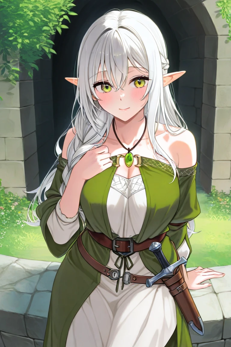 28-year-old medieval elf and the face of an adult woman, white hair, She wears a green amulet around her neck and has a strong connection with nature and a dagger in her hand 