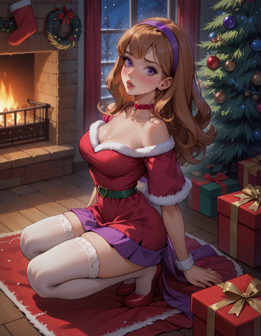 a beautiful young woman (Kate Mara, age 25), wearing an oversized frumpy Christmas sweater (shoulders exposed, deeply plunging neckline) , nude except for sweater, her intimate areas partially exposed and very detailed, sitting cross-legged by an old-fashioned fireplace with a roaring fire, playing with and petting a cute puppy, Christmas scene (best quality, 4k, 8k, highres, masterpiece:1.2), ultra-detailed, (realistic, photorealistic, photo-realistic:1.37), HDR, UHD, studio lighting, ultra-fine painting, sharp focus, physically-based rendering, extreme detail description, professional, vivid colors, bokeh, portrait, figurative, intimate, sensual, cozy, Christmas, warm lighting, chiaroscuro (show her entire body, show all of her)